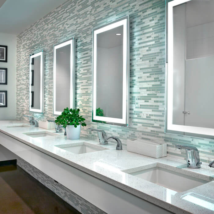 Brookfield Residential Office Interior Design Edmonton Washrooms Lit Mirror Sinks Workplace